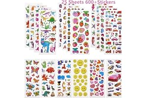 Linkbro 3D Aufkleber Set für Kinder, 25 Verschiedene Blätter 600+ Geschwollen Stickers mit Dino,Auto, Tier, Obst, Zahlen, Schmetterlinge, Kleinkinder Sticker Mitgebsel Kindergeburtstag