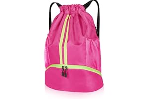 Benxdara Waterproof Drawstring Gym Bag, Breatheable Drawstring Backpack Gym Sack with Shoe Compartment, 2 Mesh Side Pockets and Separation Bag, Outdoor Swim PE Bag for Adults & Kids, Pink