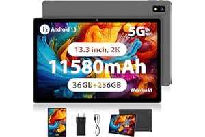 PIXPEAK 2K Tableta 13,3 Pulgadas e 5G WiFi, INCELL 2000 * 1200, 11580mAh, 36GB RAM, 256GB ROM (2TB Ampliable), Android 13.0 Octa-Core 2.0GHz, 13MP+8MP, Tabletas con GPS/Bluetooth 5.0, Gris