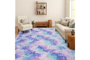 SOANNY Tappeto Soggiorno a Pelo Lungo, Lavabile, Antiscivolo e Morbido, Tie-Dye, Shaggy, per Camera da Letto e Bambini, Scendiletto, 140x200 cm, Turchese-Lilla