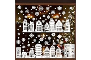 DOUUCO 9 Blätter 137 Pcs Fensterbilder Weihnachten Selbstklebend, Weiß Schneeflocken Weihnachtsdeko sticker Wiederverwendbar, PVC Weihnachts Fenster Sticker mit Häuser Schnee Flocken, für Winter Fensterdeko