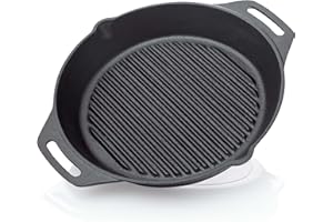 BBQ Nerd© Padella in ghisa per grigliare con fondo scanalato per un bel motivo grigliato | bistecchiera Ø 30 cm 3200 g con beccuccio e manico | padella antiaderente per il fuoco all'aperto