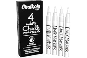 CHALKOLA Fine Tip White Chalk Pens - Pack of 4 Chalk Markers - Use on Chalkboard, Windows, Blackboard, Signs, Glass, Bistro - Water Based Wet Wipe erasable Pen - 3mm Reversible Bullet & Chisel Tip
