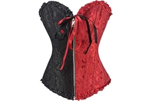 RHISLEO Women Black Red Bustier Burlesque Basque Rouge Zip Lace Up Boned Corset Top