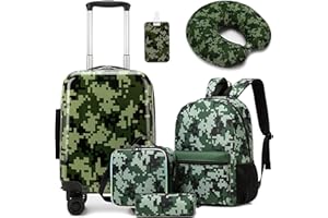 HTgroce 5-Piece Children's Suitcase Set, Children's Travel Suitcase with Backpack, Neck Pillow, Lunch Bag, Pencil Case & Suitcase Tag, Travel Trolley with Wheels for Children, Hard Case for Boys and