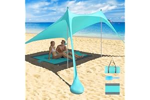 IKKLE 2.4x2.4M Beach Canopy Sun Shelter, Portable Canopy Sunshade, Pop Up Beach Tent Sun Shade UPF50+ with Awning Carpet Sand Shovel Carrying Bag, for Outdoor Camping, Fishing, Backyard Fun (2Poles,Blue)