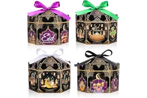 DPKOW 12pcs Boîtes Cadeaux Eid Mubarak Or Noir, DIY Hexagonales Boîtes Eid al-Fitr Fête Boîtes pour Emballage Cadeau, Friandises Chocolat Boîtes pour Musulmans Eid Fête Fournitures, avec 12 Ruban