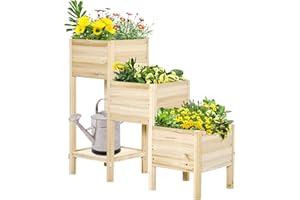 Outsunny Jardinière sur Pieds carré Potager 3 étages Inserts d'irrigation étagère dim. 125L x 45l x 108H cm Bois Sapin Naturel