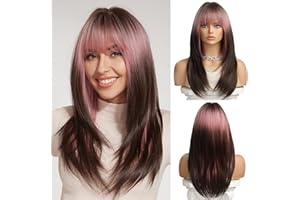OUFEI Peluca Rosa Marrón Ombre con Flequillo Pelucas Largas Rectas para Mujer Pelucas en Capas de Pelo Sintético Resistente al Calor para Uso Diario en Fiestas Cosplay