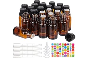 BENECREAT 24 paquete de Botellas de Aceite Esencial de Vidrio Marrón de 15 ml, Kits de Contenedores Recargables con Goteros de Plástico, Tolvas de Embudo Y Adhesivo para Aceite Cosmético