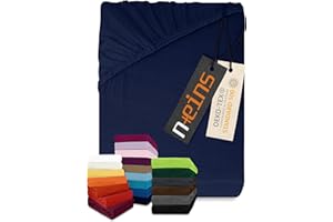 npluseins Lenzuolo con angoli elasticizzati, classico, in jersey, in diversi colori e misure, 100% cotone, 159,192, 80-90 x 190 cm, blu navy