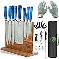 FULLHI 15-Piece Japanese Knife Set with Magnetic Knife Block Holder, Stainless Steel Knives, Blue Resin Ergonomic Handles for Professional and Home Cooking