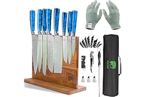 FULLHI Juego de 15 Cuchillos Japoneses con Portacuchillos Magnético, Hojas de Acero Inoxidable Japonés, Mangos Ergonómicos de Resina Azul para Cocina Profesional y Casera