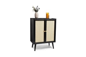 Spinningfield Black Sideboard, 2 Door Sideboard Unit, Cane 2 Cupboard Storage Cabinet, Art Deco Display Case, Two Interior Shelves - Lounge & Living Room Furniture - H81 x W60 x D35cm - Whitworth