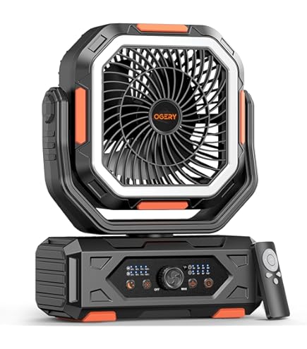 Raddy CF3 - Ventilador solar de campamento recargable, ventilador portátil de 20,000 mAh, alimentado con batería con panel solar de 3 W, carga USB, luz LED, 6 velocidades, oscilante para tienda