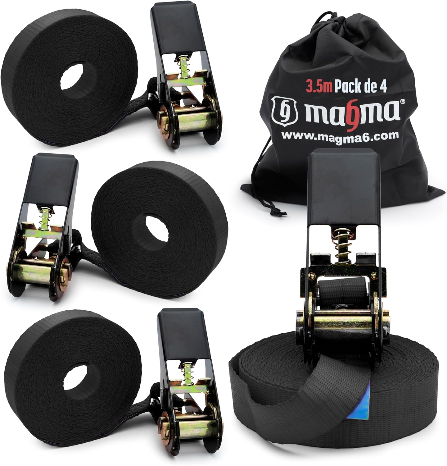 MAGMA 4 Correas de Trinquete 3,5m, 800Kgf/unit. Cinchos, Cinchas de Amarre, Eslingas con Carraca, Remolque Baca Kayak Tabla de Surf Piraguas Canoa Bicicleta Moto, Longitud Ajustable. Negro