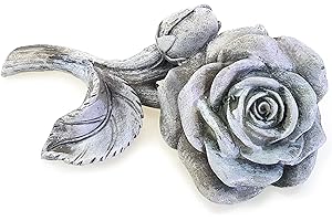 TEMPELWELT DEKOTEMPEL Grab Deko Figur Rose Rosenblüten, 14 cm, Polystein Stein Optik Grau, Grabdeko Dekorose Blume Dekoblume für Trauerstätte Gartendeko Garten