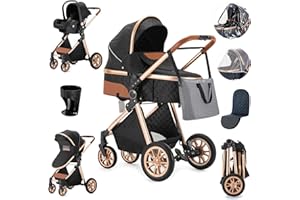 Zkiprm Passeggino 3 in 1, Passeggino Leggero Che Si Ripiega Premendo un Pulsante，Trio Passeggino Neonati Con Seggiolino Auto e Cestino Per Dormire, Passeggino Combinato Con Telaio Alto in Alluminio