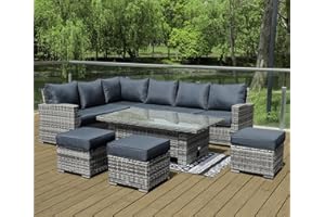 GOODS EMPORIUM 9 Seater Rattan Garden Furniture Set with Rising Table - Left or Right Hand Outdoor Furniture Rattan Corner Sofa Garden Patio Sets - FREE COVER INCLUDED (Dark Grey, Left/Right Hand Configurable)