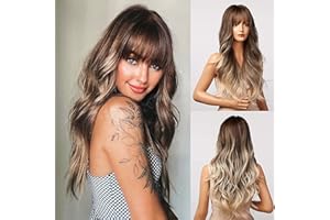 Honygebia Light Brown Wig with Fringe - Long Ombre Wavy Wigs for White Women, Ash White Synthetic Heat Resistant Hair, Natural Best Wigs for Halloween/Christmas/Cosplay/Party