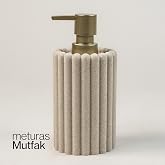 Meturas Modern &Ccedil;izgili Polyresin Sıvı Sabunluk, Krem Renk, 375ml Kapasiteli, Mat Doku, 7.5x18cm, Banyo Mutfak Lavabo Aksesuar