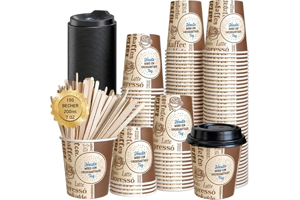 100 st Engångsmugg med lock – 200 ml Kaffemugg med lock engångs – Kaffemuggar engångs med rörpinnar – För varma drycker – Per