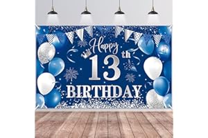 13th Birthday Backdrop Banner,BTZO Happy 13th Birthday Decorations,Blue Silver Fabric Photo Backdrop Background for Boys and Girls 13th Birthday Party,180×110cm
