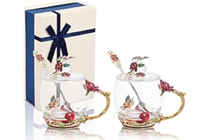 GeeWaa Emaliowany szklany kubek z kwiatami i motylami, do kawy, z łyżeczkami i pokrywkami, zestaw 2 szt., prezent dla kobiety, mamy, babci, dziewczyny, siostry, na Boże Narodzenie, urodziny, czerwony