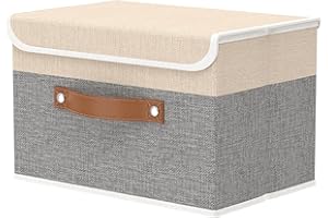 OUTBROS Cajas Almacenaje Lavable Plegable, Cesta de Tela, Juegos de Organizadoras con Tapa y Asa, Cubos de Almacenamiento, Contenedores de Tela para Ropa, 38 x 25 x 25 cm, 1 unidades, Gris/Beige