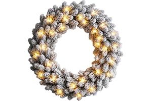 KOIUEYW Couronne de Noël Porte Artificielle 60 cm, Couronne de Porte de Noël avec Neige et LED Blanc Chaud, Décoration de Porte pour Fenêtre, Cheminée, Mural, Vitre, Extérieure et Intérieure