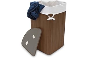 Relaxdays Bambusowy narożny kosz na pranie, składany kosz na pranie, 60 l, zajmuje mało miejsca, worek na pranie z bawełny, 65 x 49,5 x 37 cm, brązowy