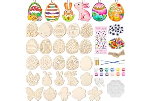 Modacraft 56 Stück Ostern Holzanhänger mit Pompons Pigmente Gold-Puder Strasssteine Pinsel, Osterhase Huhn Blumen Ostereier Holz DIY Basteln Kinder Ostern Deko Bastelset Frühling Osterdekoration