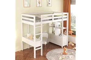BTM Loft Bed, Loft Bed with Desk & Drawers, Single Loft Bed 3FT(90 * 190cm), High Sleeper Bunk Bed with Storage Compartments & Anti-fall Railings for Boys and Girls