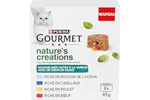 GOURMET | Nature’S Creations | Chat Adulte | Mousselines Cœur en Sauce avec des ingrédients naturels Sélectionnés | Poulet, Bœuf, Poisson de l'Océan, Cabillaud | 8x85g