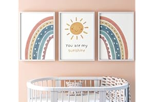 EVIEPOPS PRINTS You are My Sunshine Set of 3 Unframed Prints, Girls Boys Nursery Bedroom Decor Wall Art, Playroom Poster, Song Lyrics Nursery Rhyme, Boho Rainbow Sun (A4)