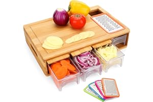 BRITOR Chopping Board with Containers, Large Bamboo, Carving & Cutting Board with Juice Grooves, Easy-Grip Handles & Food Sliding Opening, with Trays for Food Storage, Transport and Cleanup