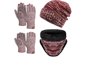 Maylisacc 3 Pcs Slouch Beanie Hiver Thermal Snood Écharpe et Gants Tactile Écran Hommes Femmes avec Épaisse Polaire Doublure