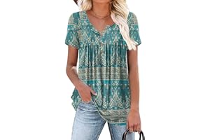 Aodemo Women's Summer Casual Henley V Neck Tunic Ladies Button Up Tops Flowy Short Sleeve Shirts Loose Blouse
