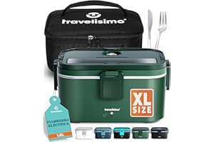 TRAVELISIMO - Fiambrera Electrica Extra Grande 1,8L - Taper Electrico para Comida 80W - Fiambrera Termica 3 en 1 12V/24V/220V - Fiambreras Comida Trabajo para Coche, Camión - Acero Inoxidable