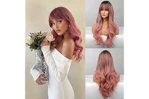 Honygebia - Peluca Rosa con Flequillo, Pelucas Largas de Color Rosa Ombré para Mujer, Cabello Sintético Resistente al Calor de Aspecto Natural - Las Mejores Pelucas para Halloween/Fiesta