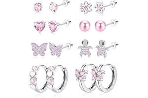 YADOCA 8 Pares Pendientes Niñas Hipoalergeniños para Mujer Acero Quirúrgico Arcoíris Pendientes de Rosca Pendientes de Aro Pendientes de Mariposa con Flor de Corazón de Perla