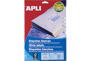 APLI 13882 - Etiquetas blancas redondas permanentes adhesivas imprimibles, Inkjet-Laser-Copy, tamaño etiqueta Ø 30 mm, pack de 25 hojas A4 (1200 etiquetas), Ideal para sobres