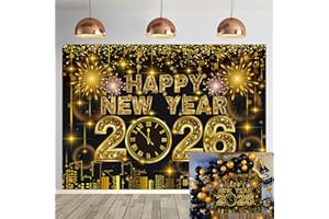 CINRAY Toile de fond « Happy New Year » 2025 - 2,1 x 1,5 m - Motif feux d'artifice noir et doré - Pour photographie de réveillon du Nouvel An 2025