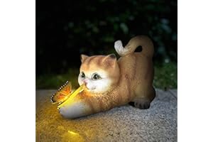 ‎HIAME Katzenfigur Garten Deko Katze Gartendeko Schmetterlinge Solarlampen für Außen Balkon Gartendekoration Innenhof Layout niedlichen Katze Top Schmetterling Ornamente Harz Solarleuchten (Gelb)