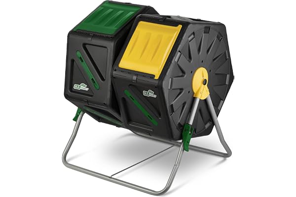 Composteur de Jardin Double Chambre DF OMER - Petit Composteur Rotatif avec système de Rotation Facile, 2 Portes coulissantes, Cadre en Acier Robuste - Toutes Saisons, sans BPA (18.5gal/70L)