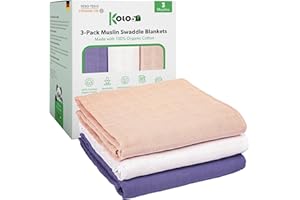 Kolo - Set di 3 Mussole Neonato in Puro Cotone Biologico, 70x70 cm Swaddle, Quadrotti di colore Rosa/Viola/Bianco