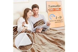 MIA&COCO Manta Eléctrica Grande Térmica para Cama 180x200cm 10 Niveles de Calor y Temporizador de Apagado Automático de 1~9 Horas para Protección, Pantalla LED para Cama Hogar y Oficina, Franela Lavable,Caqui