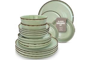 PURE LIVING INTERIOR DESIGN 24 Piece Dinner Sets for 6 People - Beautiful Country Style Stoneware Dinner Set for 6 - Dishwasher & Microwave Safe Plates and Bowls Set for 6 - Dinnerware Sets by Pure Living in Mint Green