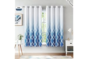 Beauoop Blackout Curtains for Bedroom Blue Ombre Curtains 54 Inch Drop Geometric Print Eyelet Curtain for Living Room Darkening Thermal Insulated Window Curtain Drapes 2 Panel