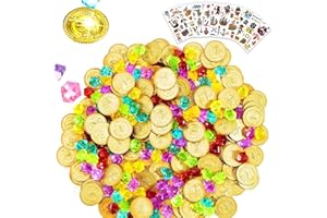 Sunhaty Pirate Pièces d'or et Bijoux 210 Pièces Pièces d'or Pirate Set 50pcs Pirate Pièces d'or et 150pcs Bijoux de Pierres Précieuses pour Fête de Pirate pour Halloween
